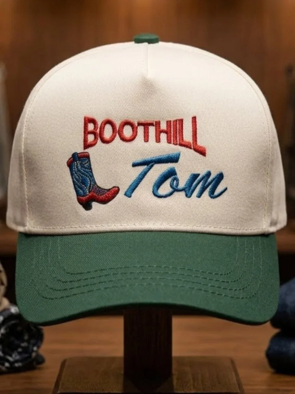 Retro Boothill Tom Cowboy Boot Embroidered Hat Forest Green Cream Western USA